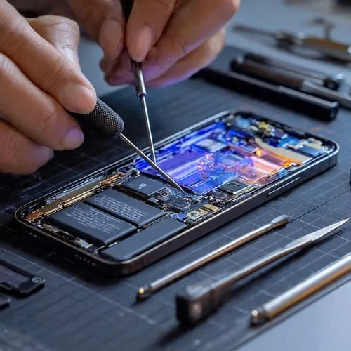 فني يفحص بطارية ايفون على طاولة صيانة في السعودية