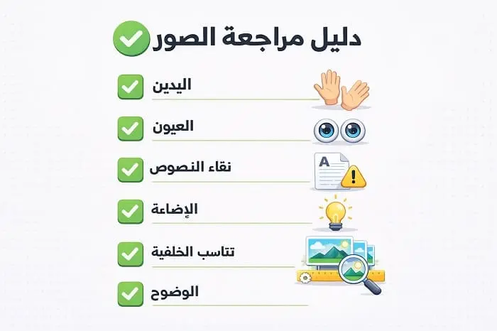 قائمة تحقق لجودة الصور المولدة بالذكاء الاصطناعي تشمل اليدين والنصوص والإضاءة