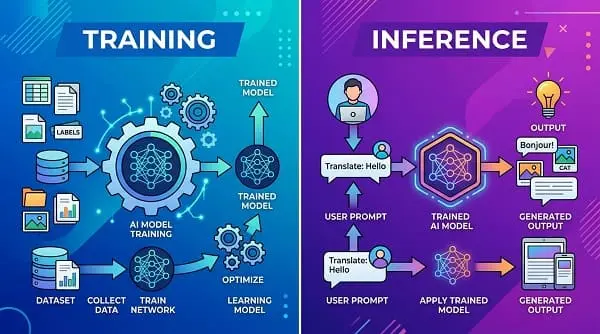 رسم يوضح الفرق بين تدريب نموذج الذكاء الاصطناعي ومرحلة الاستدلال عند الاستخدام