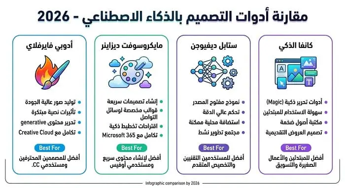 إنفوجرافيك يلخص أفضل برامج الذكاء الاصطناعي المجانية للصور في 2026 حسب الاستخدام