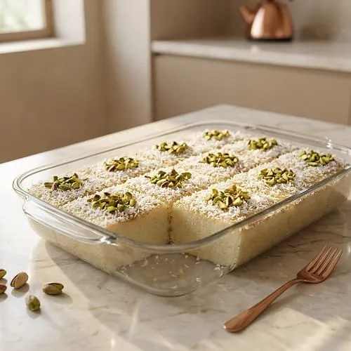 حلى السميد البارد بالحليب وجوز الهند مقطع في طبق