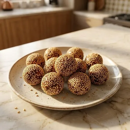 كرات تمر مغلفة بالسمسم كحلى سريع بدون فرن