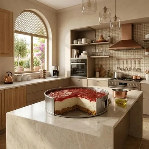 تشيز كيك بالزبادي بدون فرن مزين بالمربى