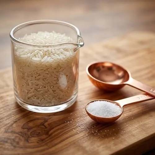 قياس الملح بجانب كوب رز لتوضيح الكمية المناسبة